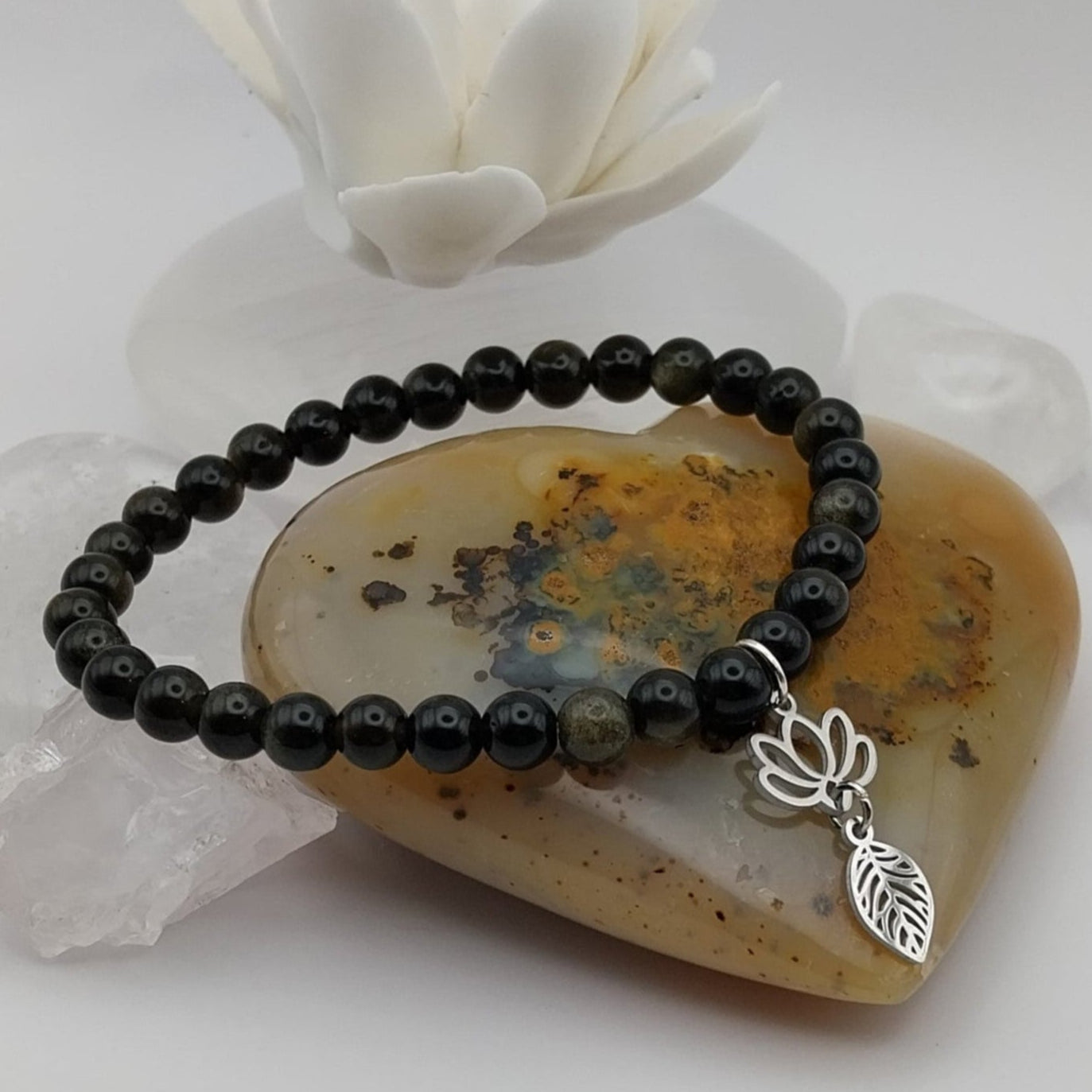 Bracelet OBSIDIENNE DOREE - Perles 6mm - Lotus feuille argenté