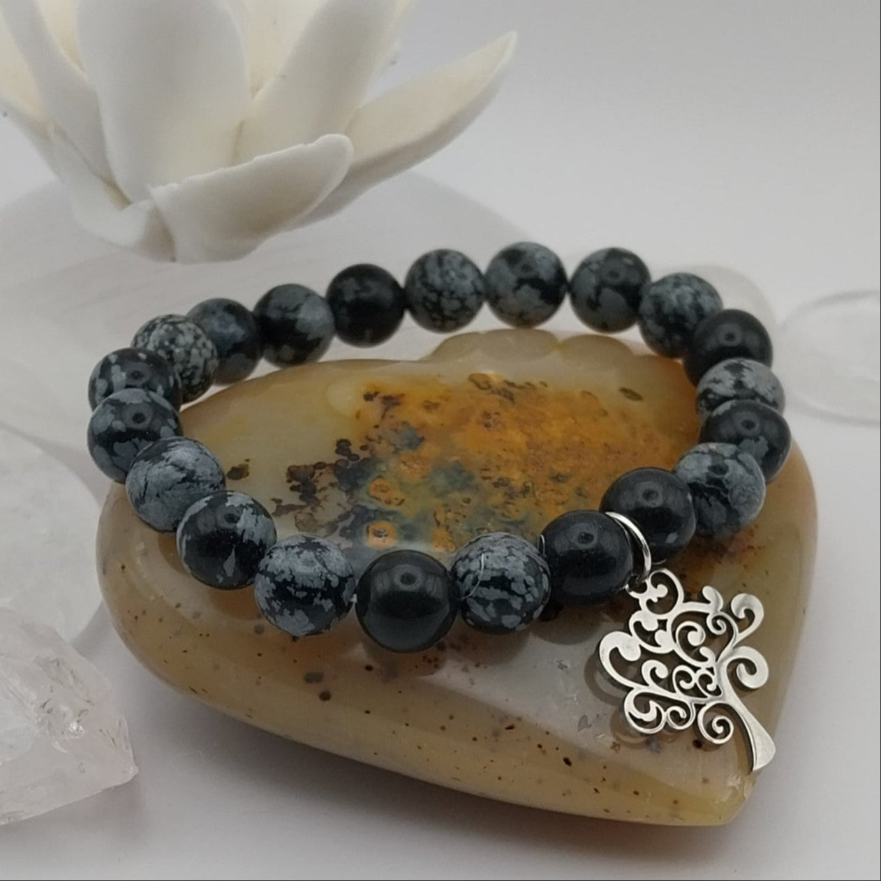 Bracelet OBSIDIENNE MOUCHETÉE - Perles 8mm - Arbre de Vie argenté