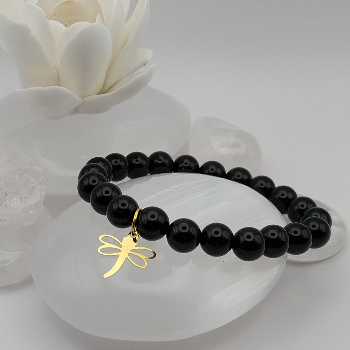 Bracelet OBSIDIENNE NOIRE - Perles 8mm - libellule dorée