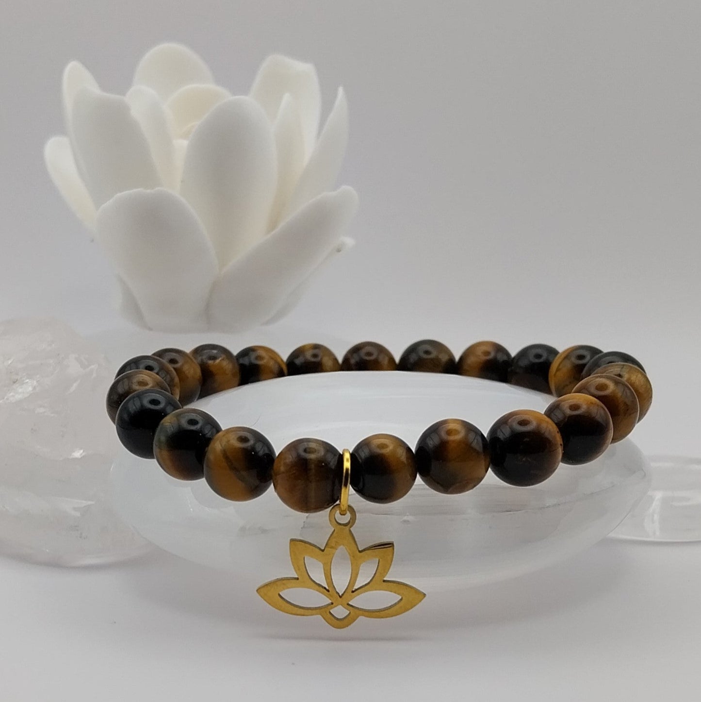 Bracelet OEIL DE TIGRE - Perles 8mm - Lotus doré