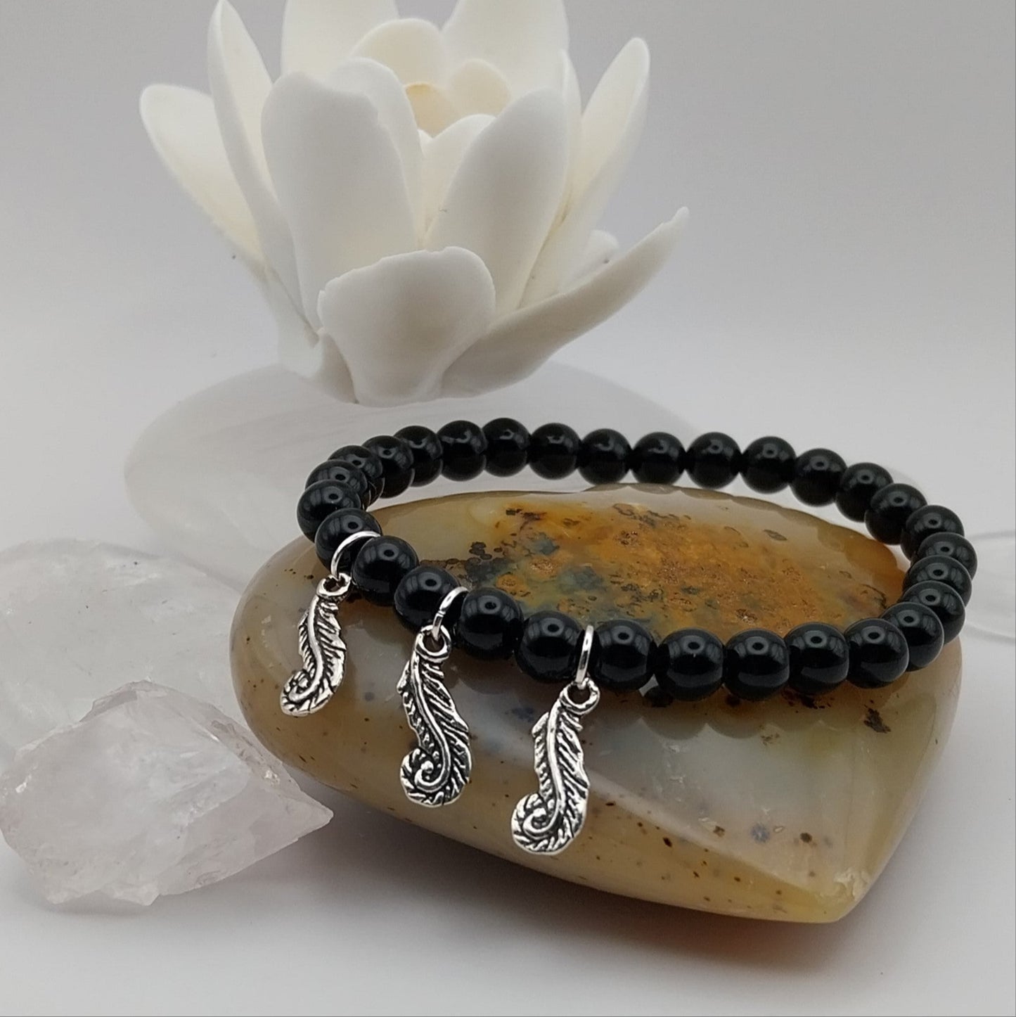 Bracelet ONYX noir - Perles 6mm - 3 feuilles argentées