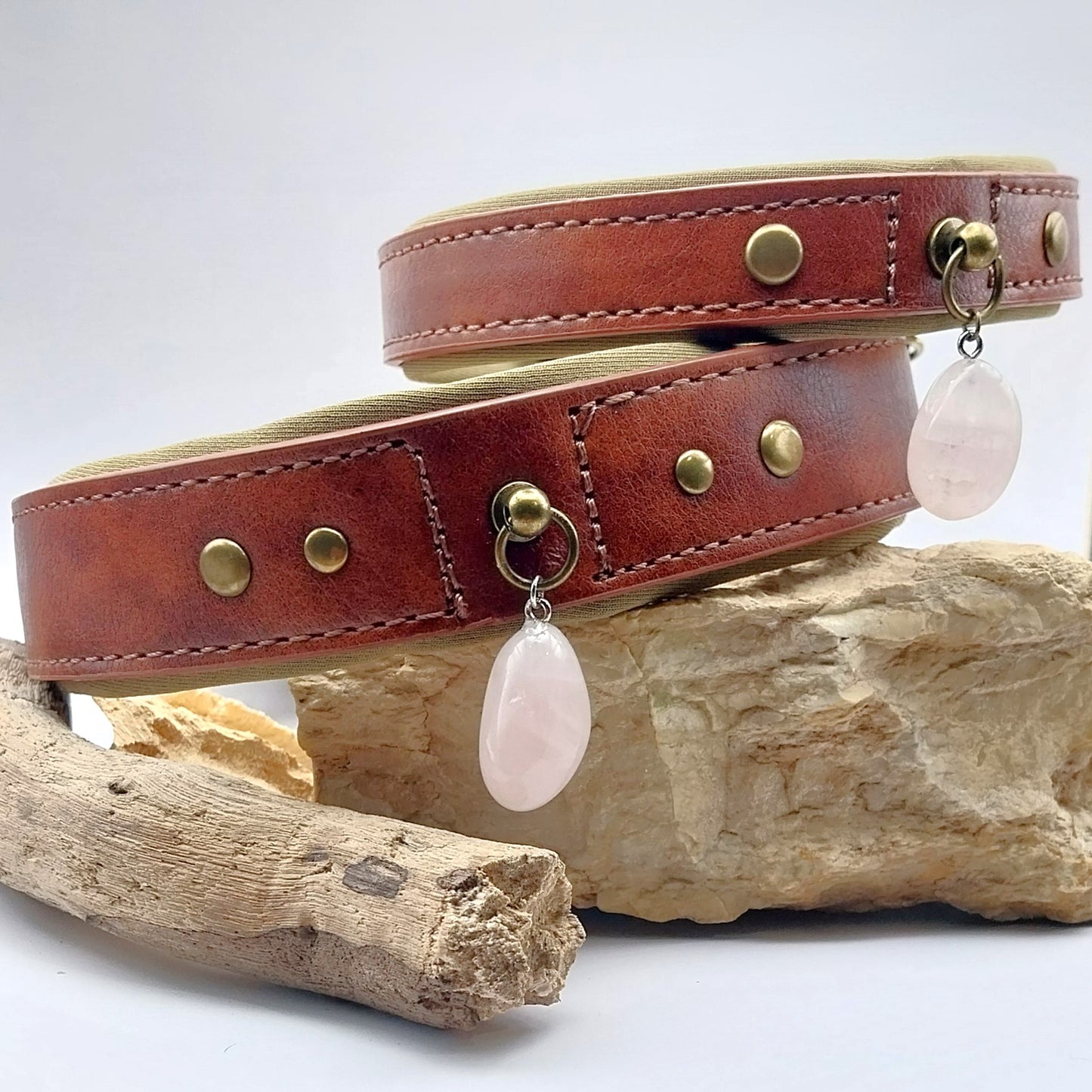 Collier CHIEN - QUARTZ ROSE pierre roulée - Marron