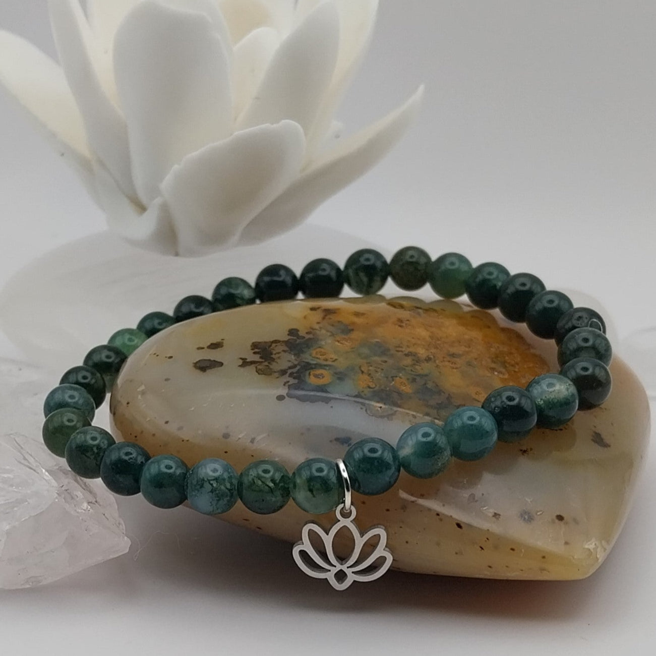 Bracelet AGATE MOUSSE - Perles 6mm - Lotus argenté