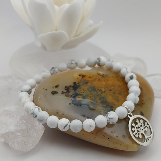 Bracelet HOWLITE - Perles 6mm - Arbre de Vie argenté