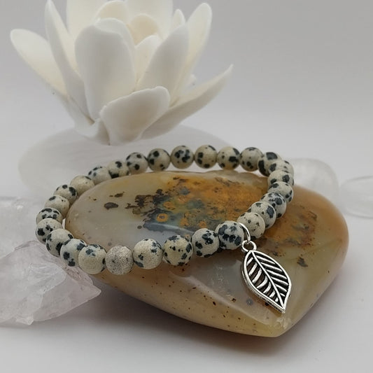 Bracelet JASPE DALMATIEN - Perles 6mm - Feuille argentée
