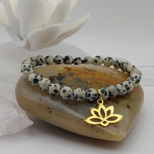 Bracelet JASPE DALMATIEN - Perles 6mm - Lotus doré