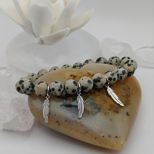 Bracelet JASPE DALMATIEN - Perles 8mm - 3 feuilles argentées