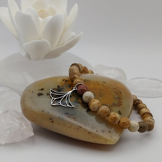 Bracelet JASPE PAYSAGE - Perles 6mm - Lotus argenté