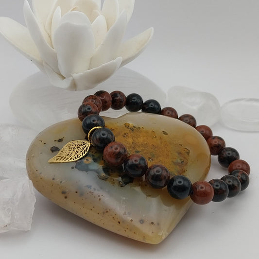 Bracelet OBSIDIENNE BRUNE - Perles 8mm - Feuille dorée