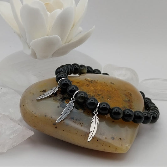 Bracelet OBSIDIENNE DOREE - Perles 6mm - 3 feuilles argentées