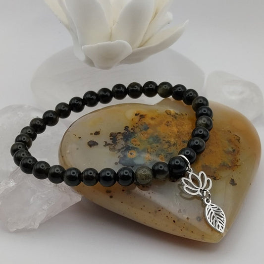 Bracelet OBSIDIENNE DOREE - Perles 6mm - Lotus feuille argenté