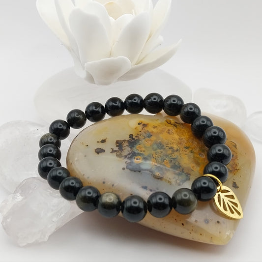 Bracelet OBSIDIENNE DOREE - Perles 8mm - Feuille dorée