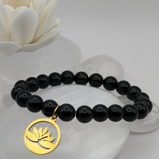 Bracelet OBSIDIENNE NOIRE - Perles 6mm - Lotus doré