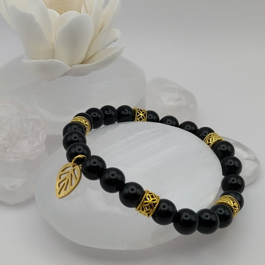 Bracelet OBSIDIENNE NOIRE - Perles 8mm - Feuille dorée