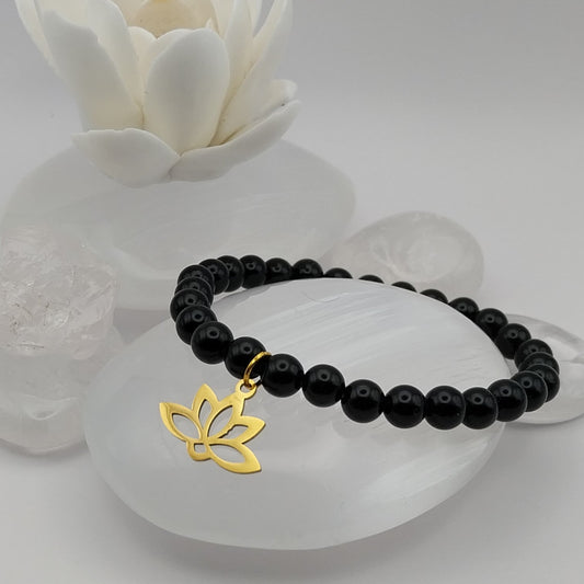 Bracelet OBSIDIENNE NOIRE - Perles 8mm - Lotus doré