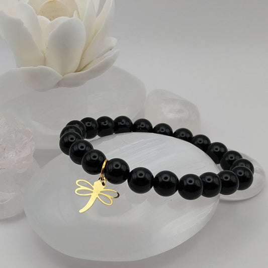 Bracelet OBSIDIENNE NOIRE - Perles 8mm - libellule dorée