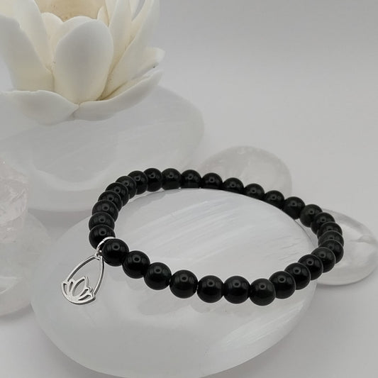 Bracelet OBSIDIENNE OEIL CÉLESTE - Perles 6mm - Lotus argenté