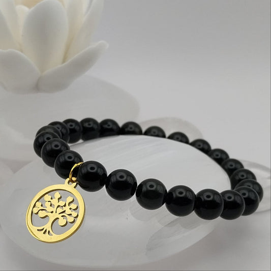 Bracelet OBSIDIENNE OEIL CÉLESTE  - Perles 8mm  - Arbre de Vie doré