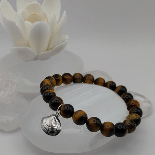 Bracelet OEIL DE TIGRE - Perles 8mm - Coquillage argenté
