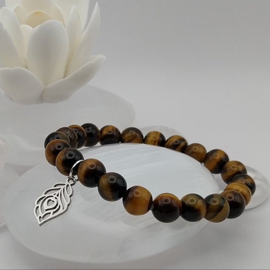 Bracelet OEIL DE TIGRE  - Perles 8mm  - Feuille argentée