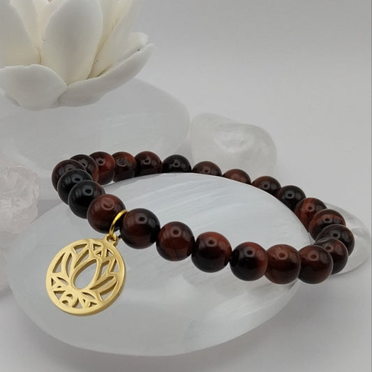 Bracelet OEIL DE TIGRE ROUGE ‐ Perles 8mm - Lotus doré