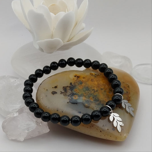 Bracelet ONYX noir - Perles 6mm - 2 feuilles argentées