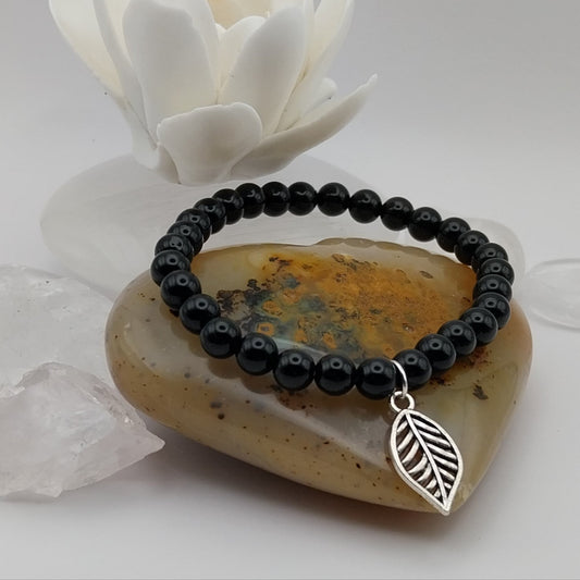 Bracelet ONYX noir - Perles 6mm - Feuille argentée
