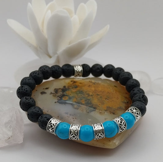 Bracelet PIERRE DE LAVE et HOWLITE turquoise - Perles 8mm