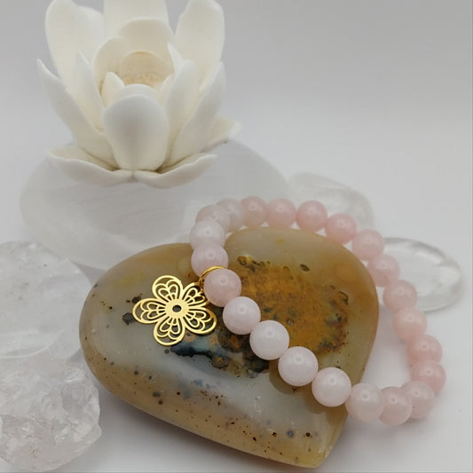 Bracelet QUARTZ ROSE - Perles 8mm - Fleur dorée