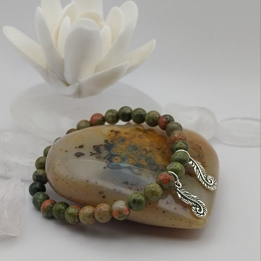 Bracelet UNAKITE - Perles 6mm - 2 feuilles argentées