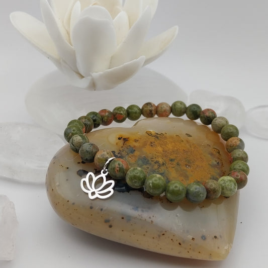 Bracelet UNAKITE - Perles 6mm - Lotus argenté
