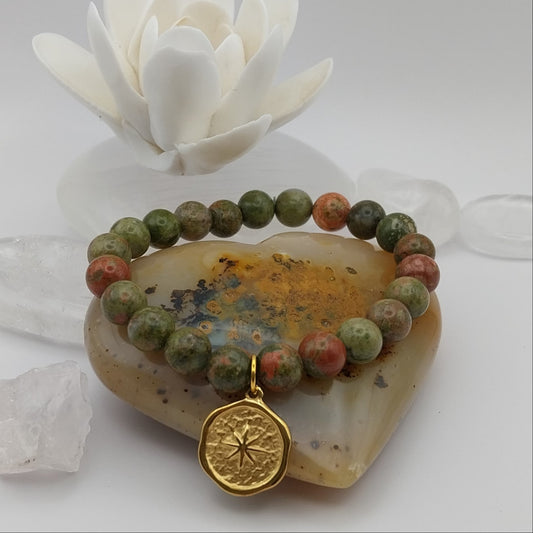 Bracelet UNAKITE - Perles 8mm - Étoile dorée