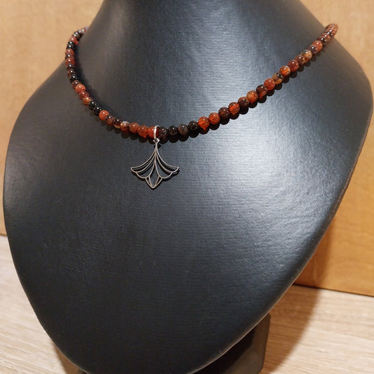Collier AGATE RUBANÉE  - Perles 4mm  - Lotus argenté