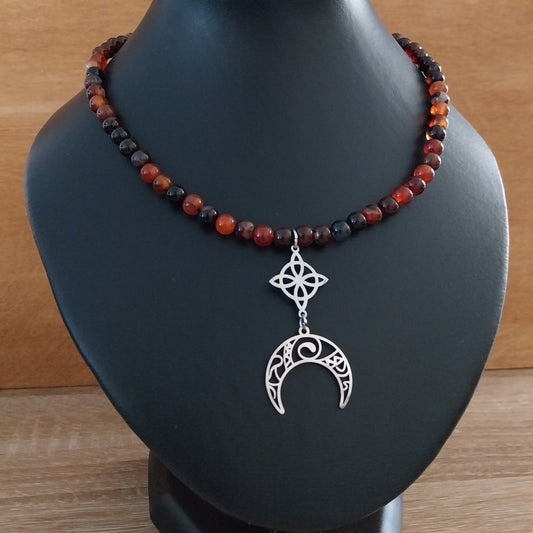 Collier AGATE RUBANÉE  - Perles 6mm - Noeud de sorcière argenté