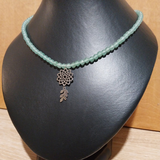 Collier AVENTURINE - Perles 6mm - Fleur de Vie feuille argentée