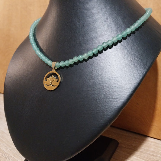 Collier AVENTURINE  - Perles 6mm - Lotus doré