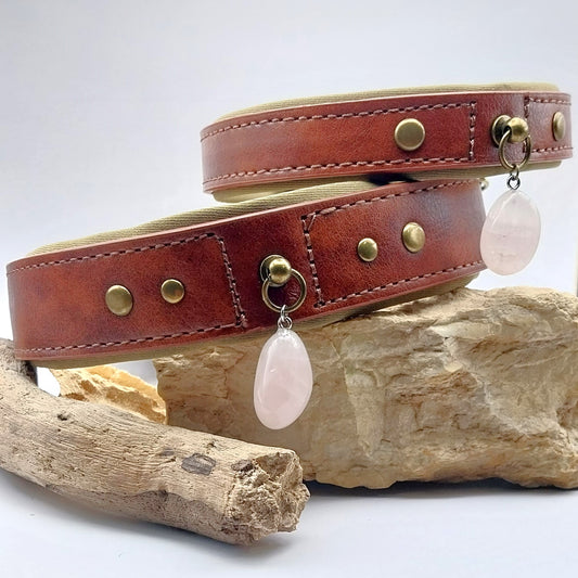 Collier CHIEN - QUARTZ ROSE pierre roulée - Marron
