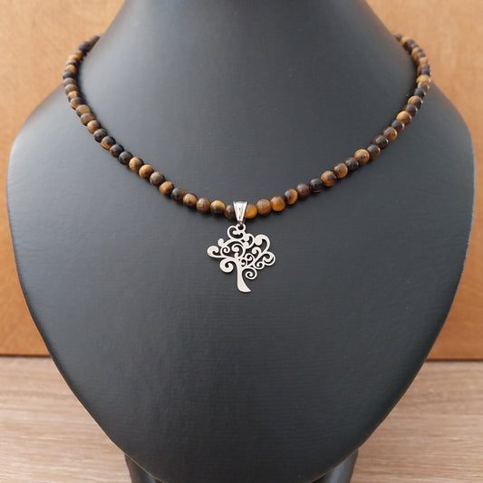 Collier OEIL DE TIGRE  - Perles 4mm - Arbre de Vie argenté