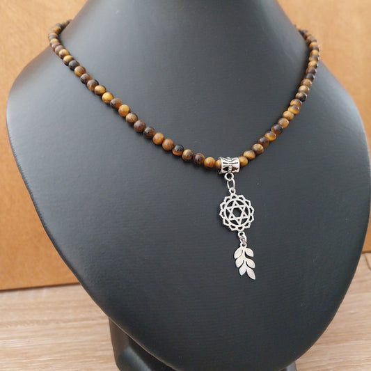 Collier OEIL DE TIGRE - Perles 4mm - Fleur feuille argentée