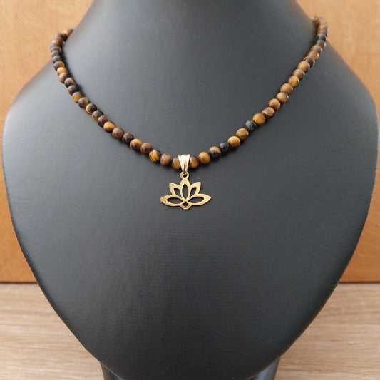 Collier OEIL DE TIGRE  - Perles 4mm - Lotus doré