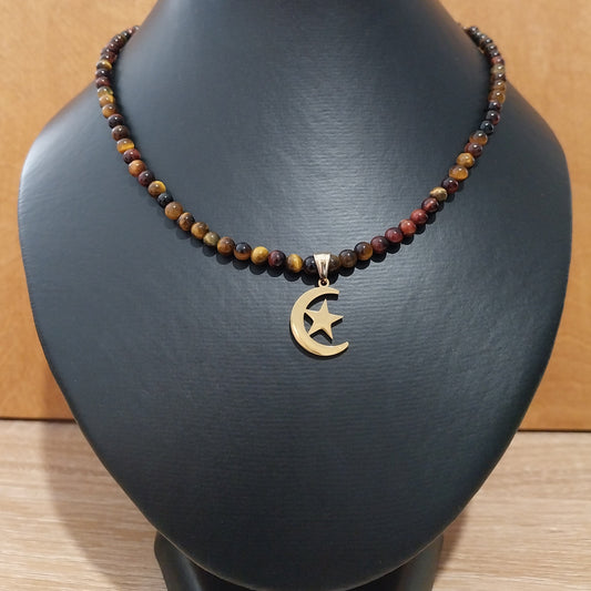 Collier OEIL DE TIGRE  - Perles 4mm - Lune dorée