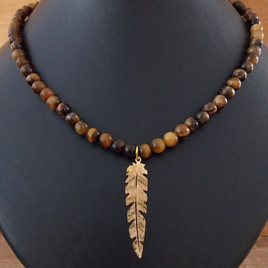 Collier OEIL DE TIGRE  - Perles 6mm  - Grande feuille dorée