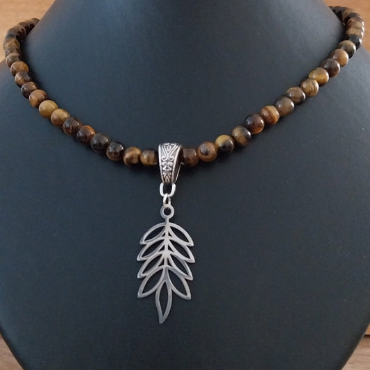 Collier OEIL DE TIGRE  - Perles 6mm - Lotus argenté