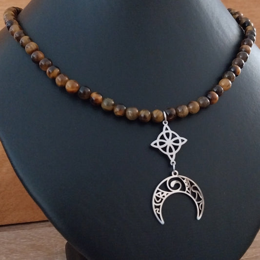 Collier OEIL DE TIGRE  - Perles 6mm - Noeud de sorcière argenté