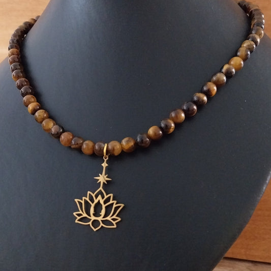 Collier OEIL DE TIGRE  - Perles 6mm   Lotus doré étoile