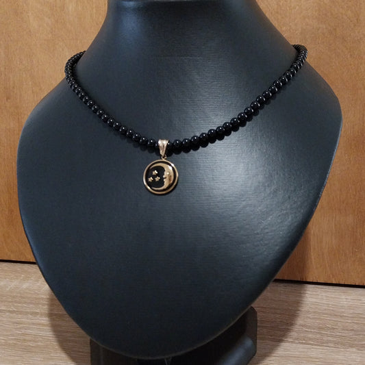 Collier ONYX - Perles 4mm  - Lune dorée