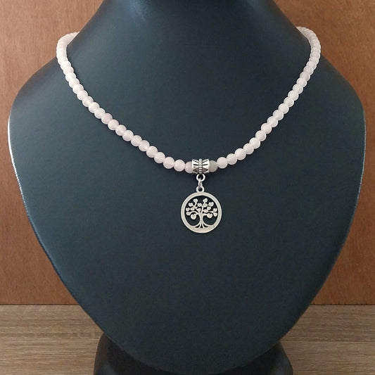 Collier QUARTZ ROSE  - Perles 4mm  - Arbre de Vie argenté