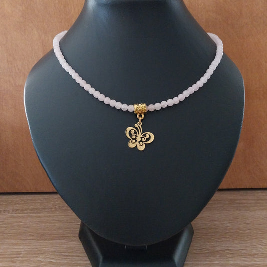 Collier QUARTZ ROSE - Perles 4mm - Papillon doré