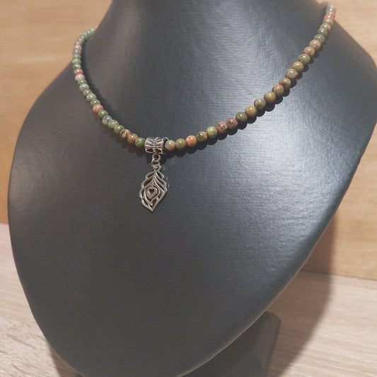 Collier UNAKITE - Perles 4mm - Feuille argentée